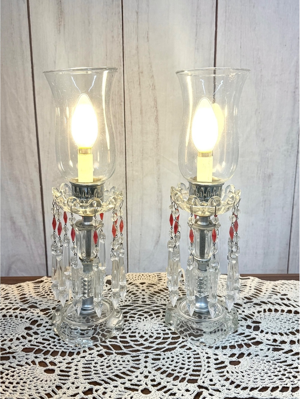 Crystal Hurricane Boudoir Lamps Pair Red Prisms Glass Chimneys Working